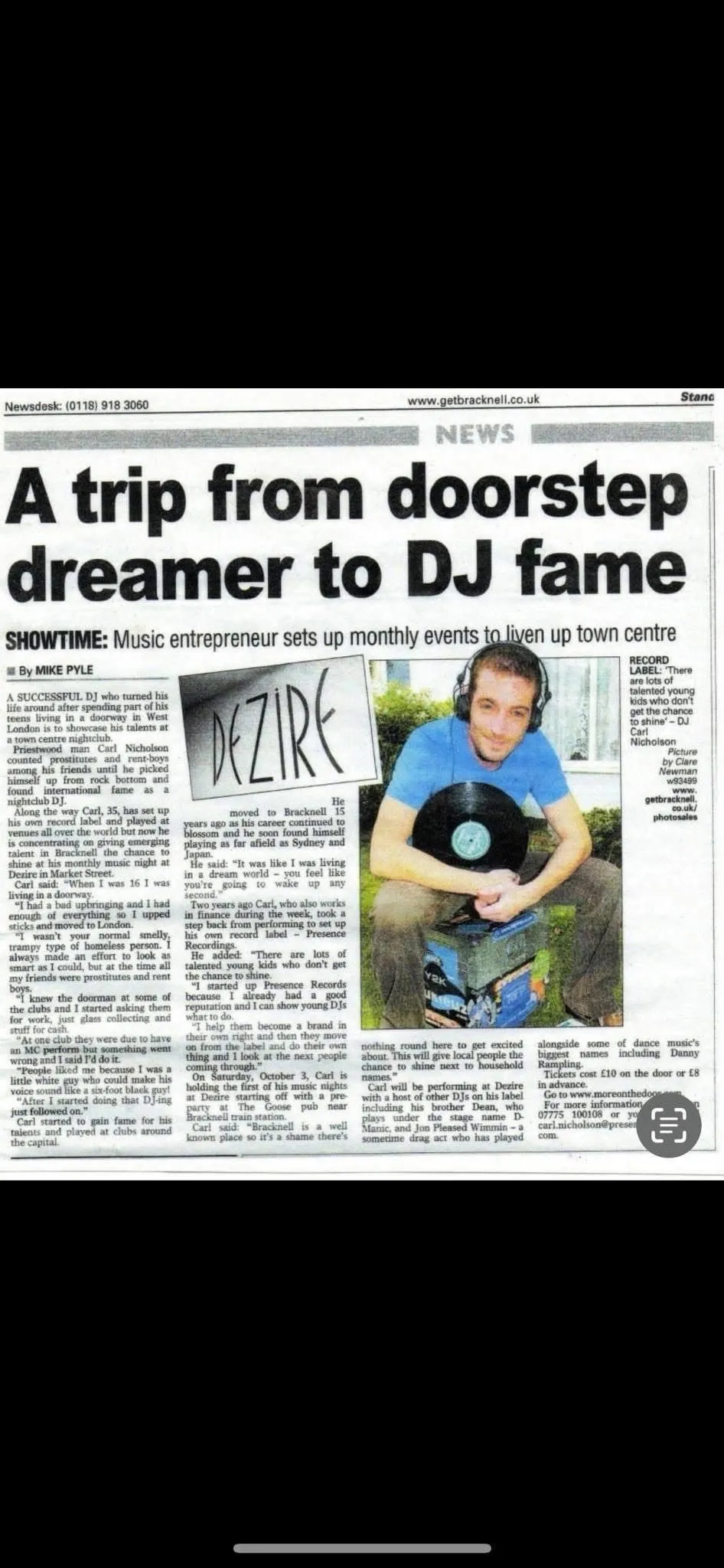 Newspaper clipping featuring an article about Carl Nicholson's early DJ career